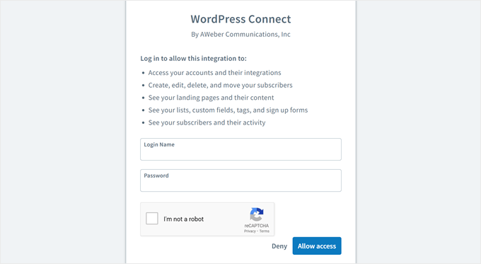 Inserindo credenciais da AWeber para conectar o WordPress com a AWeber