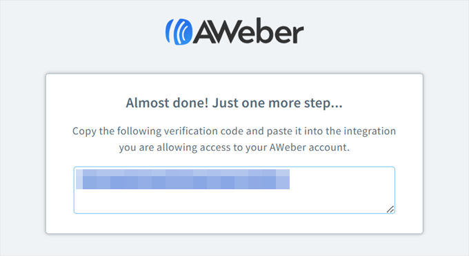 Copiando o código de autorização da AWeber para o WPForms