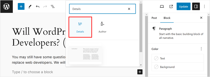 Einfügen des Details-Blocks im Gutenberg-Editor