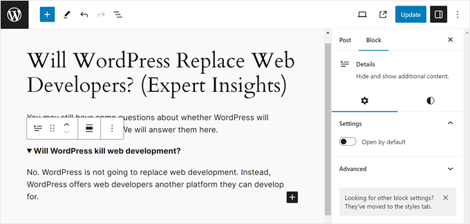 Bearbeiten des WordPress Details-Blocks