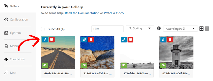 Clicking the pencil edit button to customize an image in an Envira Gallery Clicking the pencil edit button to customize an image in an Envira Gallery
