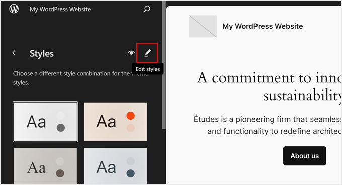 Clicking Edit Styles in Full Site Editor Clicking Edit Styles in Full Site Editor