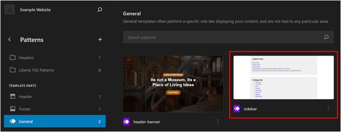 Selezionare la parte del modello della barra laterale nell'Editor del sito completo