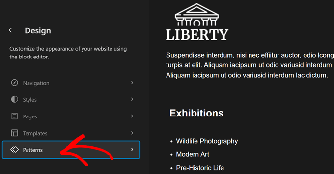 Fare clic sul menu Modelli nell'Editor del sito completo