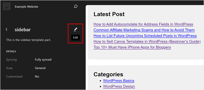 Modificare la parte del modello della barra laterale nell'Editor del sito completo