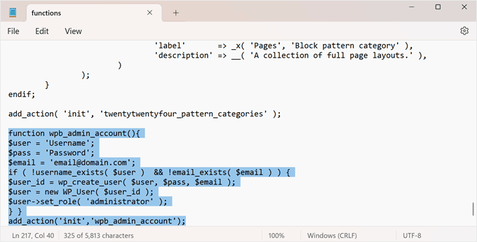 Adding the new admin user account code in functions.php Adding the new admin user account code in functions.php