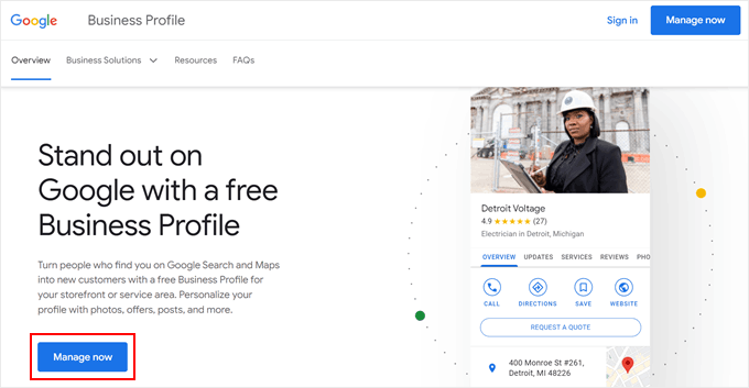 Clicando em Gerenciar Agora no site do Perfil da Empresa no Google Clicando em Gerenciar Agora no site do Perfil da Empresa no Google