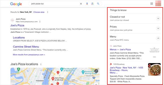 Exemplo de snippet rico para um resultado de pesquisa local Exemplo de um snippet rico para a Pizzaria do Joe na pesquisa do Google, mostrando avaliações com estrelas, endereço e horários.