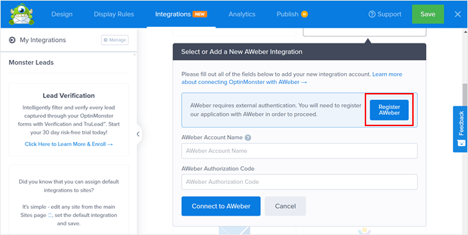 Clicando em Registrar AWeber no OptinMonster