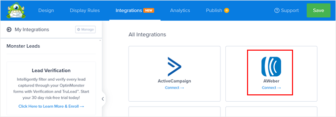 Conectando o OptinMonster com o AWeber