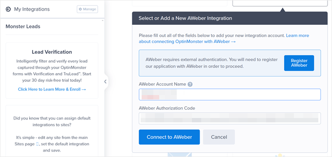 Conectando o AWeber com o OptinMonster