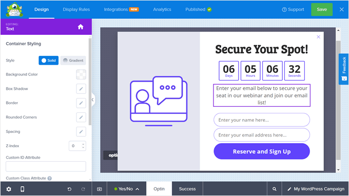 Editando uma campanha no OptinMonster