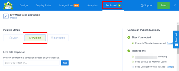 Publicando uma campanha do OptinMonster