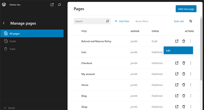 Vizualizări ale listei de pagini
