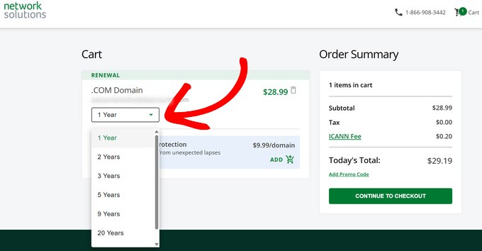 Select the number of years for domain renewal