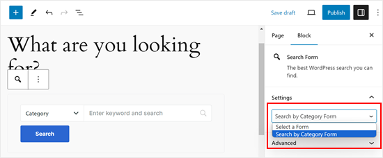 Selectarea unui formular SearchWP în editorul de blocuri Selectarea unui formular SearchWP în editorul de blocuri