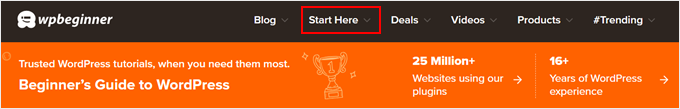 Der Menüpunkt „Start Here“ im Menü von WPBeginner