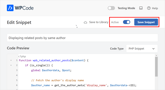 Clicando em Salvar Snippet no WPCode