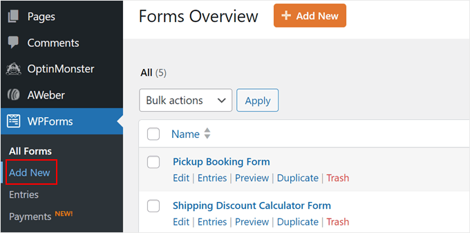 Clicking Add New in WPForms Clicking Add New in WPForms