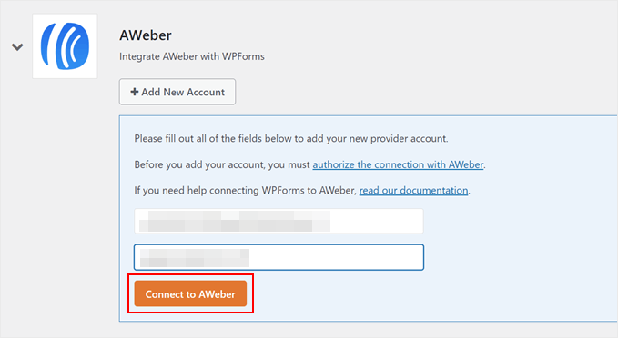 Clicando em Conectar à AWeber no WPForms