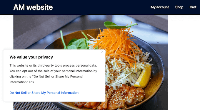CookieYes kullanılarak oluşturulmuş bir 'Kişisel Bilgilerimi Satmayın veya Paylaşmayın' açılır penceresi örneği