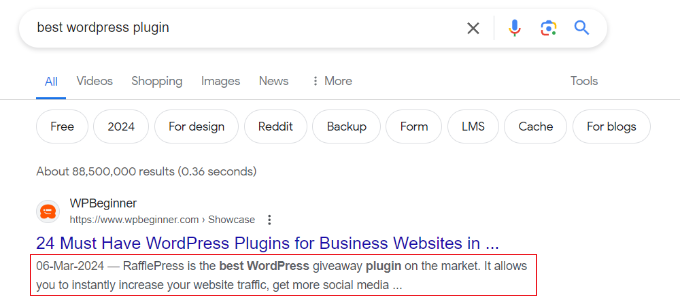 Meta description in Google Meta description in Google