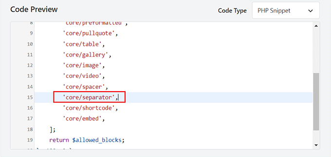 Remove separator blocks' name from the list in the code snippet Remove separator blocks' name from the list in the code snippet