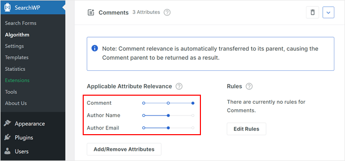 Configuring the Applicable Attribute Relevance for Comments in SearchWP Configuring the Applicable Attribute Relevance for Comments in SearchWP