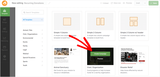 Crearea unei campanii din șablon în Charitable Crearea unei campanii din șablon în Charitable