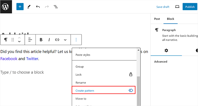 Select the Create Pattern option Select the Create Pattern option