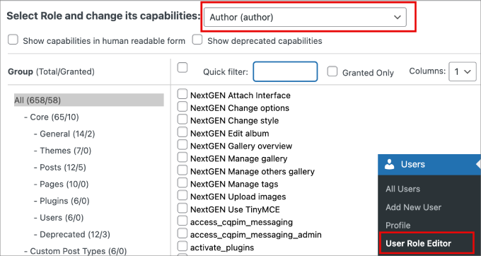 selecionar editor de função de usuário