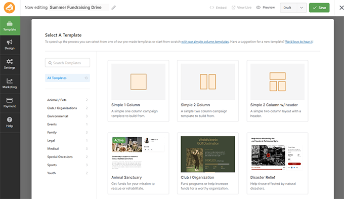 WPCharitable scegli layout e modello di campagna