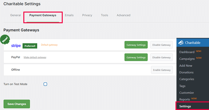 Opzioni di pagamento predefinite WPCharitable