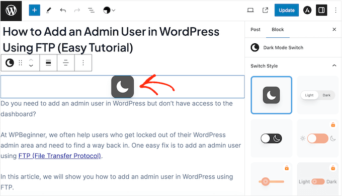 Adding a Dark Mode block in the WordPress block editor Adding a Dark Mode block in the WordPress block editor