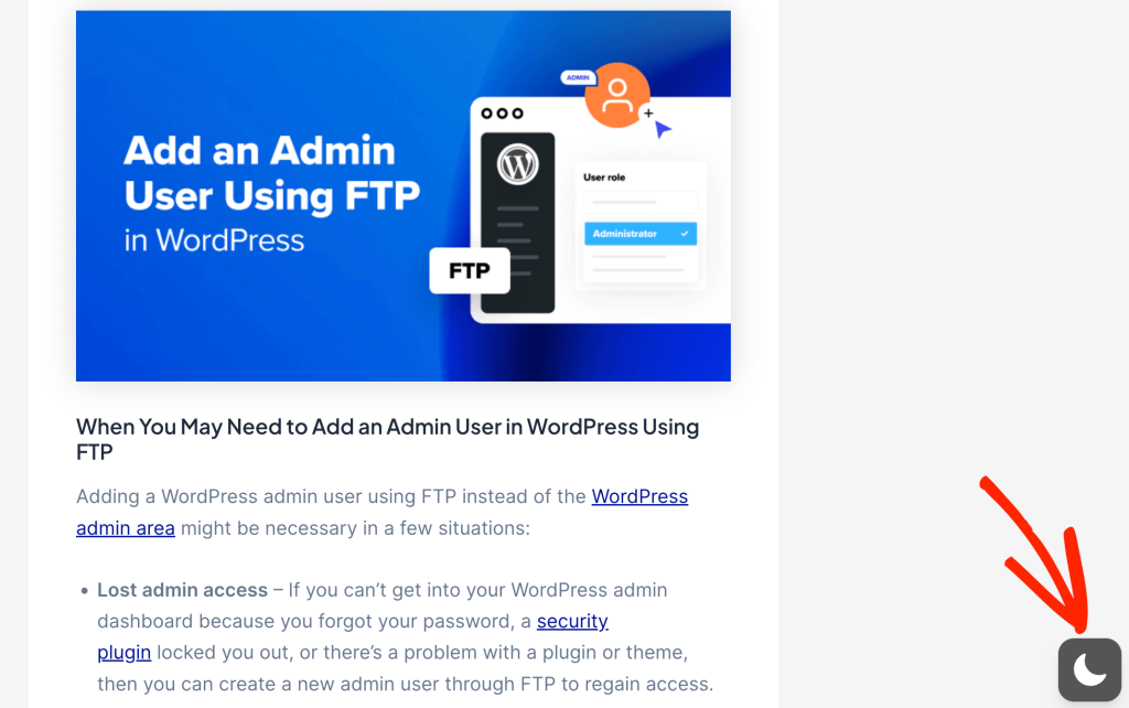 An example of a floating dark mode switch on a WordPress website An example of a floating dark mode switch on a WordPress website