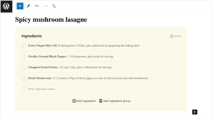 Lägga till en ingredienslista på din matlagningswebbplats