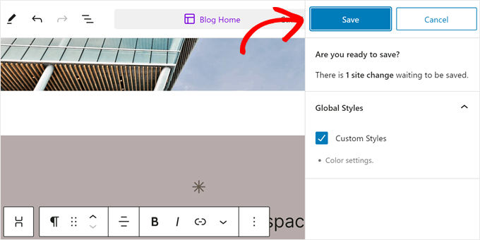 Salvataggio delle modifiche in un tema a blocchi in FSE