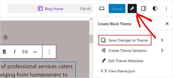 Salvataggio delle modifiche al tema nel file theme.json con Create Block Theme