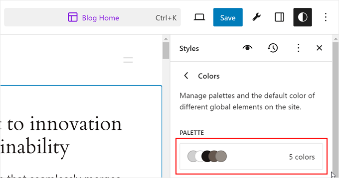 Apertura della palette colori di un tema a blocchi in FSE