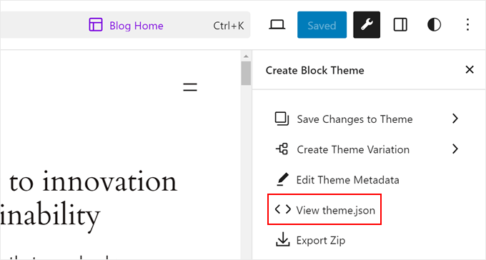 Visualizzazione di theme.json con Create Block Theme