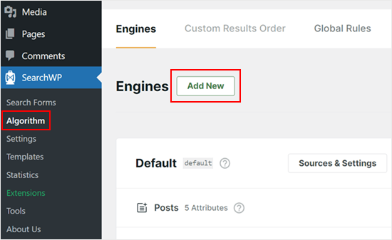 Clicking Sources & Settings in SearchWP