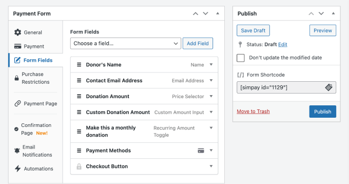 Form fields in WP Simple Pay