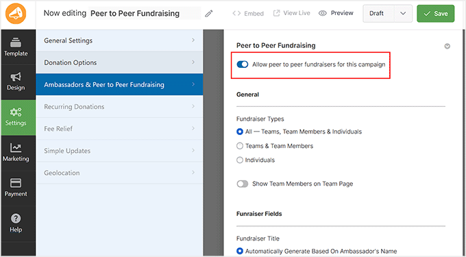 Toggle the Peer to Peer fundraising switch Toggle the Peer to Peer fundraising switch