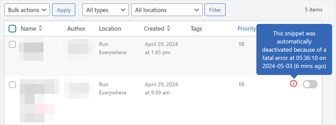 WPCode error warning WPCode error warning