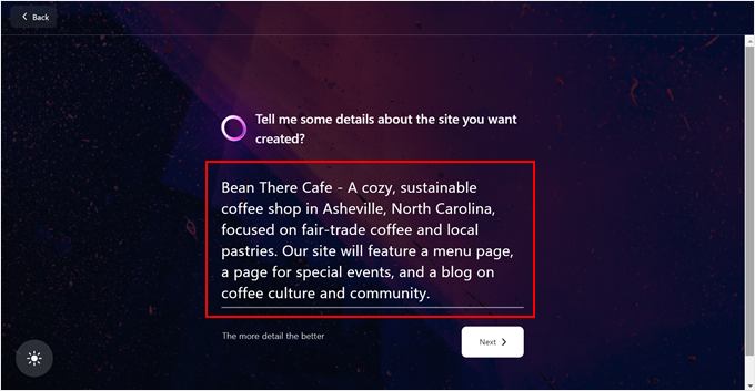 Indicándole al Creador de Sitios IA de Bluehost qué sitio web crear Indicándole al Creador de Sitios IA de Bluehost qué sitio web crear