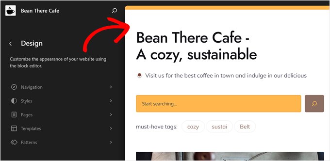 bluehost-site-editor-interface-min Hacer clic en el tema Bluehost AI Site Creator para personalizarlo usando el editor de sitio completo