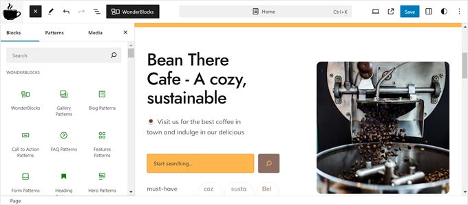 Ver los bloques de WonderBlocks en el editor de sitio completo de WordPress Ver los bloques de WonderBlocks en el editor de sitio completo de WordPress