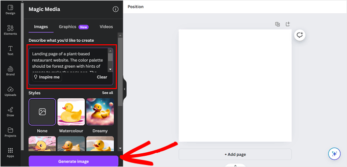 Ingresar una indicación para usar el generador de imágenes IA de Canva Ingresar una indicación para usar el generador de imágenes IA de Canva