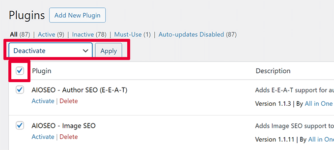 Deactivate all plugins Deactivate all plugins