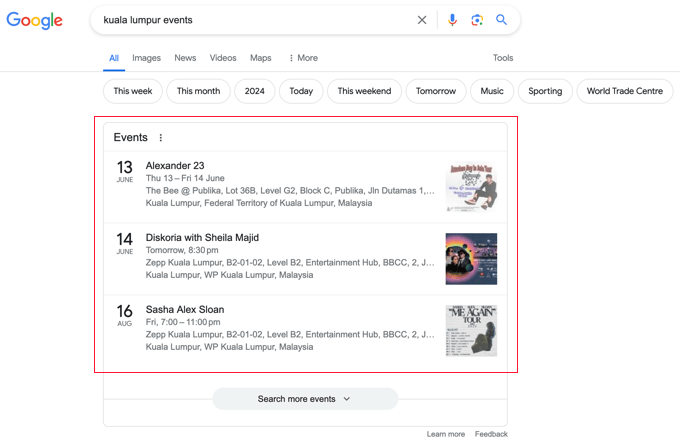 Example of an Events Listing in a Google Search Example of an Events Listing in a Google Search